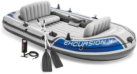 Intex 68324EP Excursion 4 Inflatable Boat Set: Includes Deluxe 54in Boat Oars and High-Output Pump – Adjustable Seats with Backrest – Fishing Rod Holders – 4-Person – 1100lb Weight Capacity