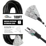 HONDERSON 100 FT Lighted Outdoor Extension Cord with 3 Power Outlets,12/3 SJTW Heavy Duty Black Extension Cable with 3 Prong Grounded Plug for Safety,UL Listed