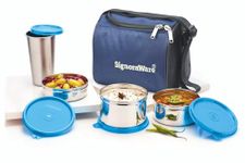 Signoraware Best Stainless-Steel Lunch Box Set 4 with Bag | Stainless-Steel Leak-Proof Containers | Full Meal Boxes (Container Size 350mlx1 | 500mlx1 | 200mlx1 & Glass Tumbler 370mlx1 | Colour Blue)