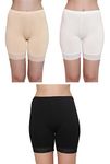 GLAMORAS Women's Cotton Lace High Coverage Stretch Mid Waist Boy Shorts - Free Size | Bike Cycling Slip Yoga Shorts Under Dresses Undershorts For Women & Girls Pack Of 3, Black,White,Beige