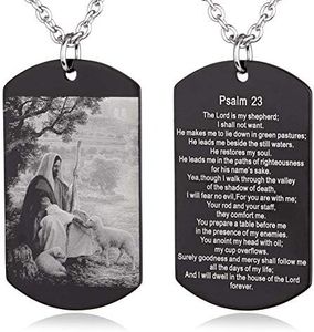 FAYERXL 23rd Psalm Black Dog Tag Necklace,Catholic Christian Holy Bible Verse Scripture Baptism Religious Communion Confirmation Rite Gift (Psalm 23-The Lord is my shepherd)