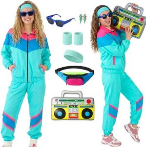 ZhouBoat 8 Piece Women's 80s Tracksuit Windbreaker Set Retro 80s 90s Outfit Color Block Jacket with Fanny Pack Accessories(Mint Colorway,XL)