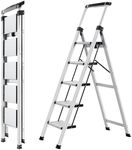 XinSunho Step Ladder 5 Step, Aluminum Folding Step Stool with Retractable Handgrip & Removable Tool Tray, Lightweight Stepladders for High Closet, 330LBS Household 5 Step Ladder - Silver