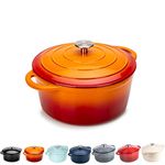 Round Casserole Dish - Cast Iron Cauldron Induction and Gas Safe Non Stick Dutch Oven Roasting Cooker - with Lid - 10 Year Gurantee (5.2L Casserole, Orange)