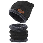 ADA® Winter Wear Knit Beanie Hats & Scarf Set, Neck Warmer with Thick Fleece Lined for Men and Women - Black