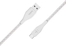 Belkin DuraTek Plus USB C to USB Cable - USB-A Cable W/Leather Strap - Ultra-Strong Charging Cable W/Flexible Insulation - Compatible W/iPads, Samsung Galaxy, Google Pixel & More - 4ft (White)