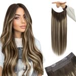 YoungSee 120G Wire Extensions Human Hair Ombre Wire Hair Extensions Real Human Hair Balayage Dark Brown with Blonde Hair Extensions for Women Invisible Wire 16 Inch Fish Line Hair Extensions