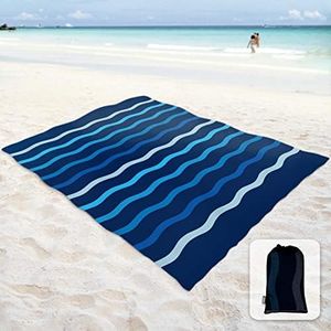 Sunlit Silky Soft Sand Proof Beach Blanket Sand Proof Mat with Corner Pockets and Mesh Bag 7' x 9' for Beach Party, Travel, Camping and Outdoor Music Festival, Navy Blue Wave Curve