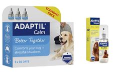 ADAPTIL Calm 30 Day Refill x 3, Helps Dog Cope with Behavioural Issues and Life Challenges 48ml x 3 & Calm Transport Spray, helps dog cope with travelling and other stress - 60ml