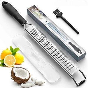 Lemon Zester & Cheese Grater - Premium Stainless Steel - A Sharp Kitchen Tool for Ginger, Garlic, Nutmeg, Chocolate, Vegetables, Fruits, Dishwasher Safe, Black