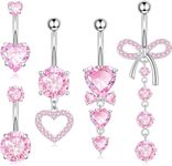 Wonvin Collection 5pcs Belly Button Bars Silver Gold Belly Bar Surgical Steel 14G Navel Bars Belly Button Piercing Jewellery Heart Butterfly Flower Dangle (Pink)