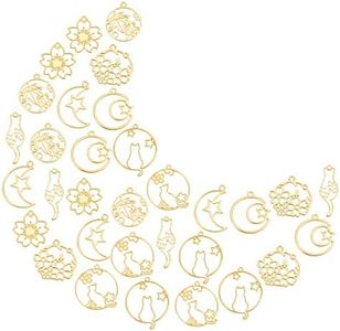 SUNNYCLUE 1 Caja 32 Piezas 8 Estilos Aleación Abierta Bisel Colgantes Luna Estrella Plano Redondo con Flor de Gato Marco Hueco Encantos para Resina UV Artesanía Fabricación de Joyas