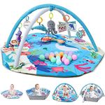 TFDER Baby Gym Play Mat, 5-in-1 Tummy Time Mat & Activity Gym, Washable Ball Pit, Infant Play Mat with Detachable Toys for Sensory Exploration and Motor Skill Development, Gifts for Baby