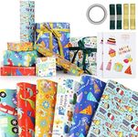 Hianjoo 6 Sheets Gift Wrapping Paper, 70∗50cm Gift Wrapping Papers Craft with 1 Sheets Gift Stickers 1 Double-side Tape and 4 Ribbons for Decoration Party DIY Craft (70 * 50cm), For Kids