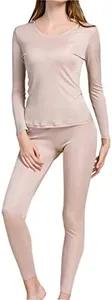 Grenasasilk Women's Silk Long Underwear | Silk Thermal Underwear Sets for Women Mulberry Silk Long Johns (L, Beige)