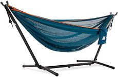 Vivere C9MESH-40 Blue/Orange Mesh Double Hammock with Space Saving Steel Stand