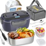 Eocolz Electric Lunch Box Food Heater Warmer 60-80W, 2 in 1 Portable Lunch Box for Car Truck Home Work Leak Proof with 1.5L Removable 304 Stainless Steel Container & Spoon 2 Compartments 110V 12V 24V