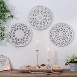 Walasis White Wall Decor Carved Medallion - Rustic Wood Wall Art Decorative Distressed Hanging Decorations Farmhouse Home Decoration for Living Room Bedroom Kitchen Bathroom Set of 3 (Distressed White, 12"L x 12"W)