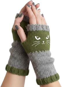 NEKSKA Fingerless Gloves for Women, Cat Mittens for Women, Knitted Warm Winter Mitts for Texting, Typing & Everyday Wear (Green)
