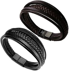 murtoo Mens Leather Bracelet with Magnetic Clasp Cowhide Multi-Layer Braided Leather Mens Bracelet (Brown&Black, 7.5")