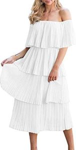 ETCYY Women's Off The Shoulder Ruffles Summer Wedding Guest Loose Casual Chiffon Long Party Beach Maxi Dress, White, Medium