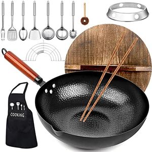 kaqinu 14 Piece Carbon Steel Wok Pan, Woks & Stir-Fry Pans Set with Wooden Lid Cookwares, No Chemical Coated Flat Bottom Chinese Pan for Induction, Electric, Gas, Halogen All Stoves - 12.6''