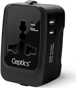 Ceptics Universal Charger Adapter, Travel Adapter International All in One, 2X 2.A USB-A with 15W Total Output, Use in 150 Countries, Type A, C, G, I Output with Universal Input - Black