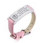 PJ JEWELLERY Personalised Medical Alert Bracelet for Women - Customised Pink Genuine Leather Strap Stainless Steel Medic ID Wristband Medical Identification Emergency SOS Bracelet Adjustable