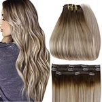 Full Shine Clip in Hair Extensions 16 Inch Balayage Color 3/8/22 Shadow Rooted Real Hair Extensions for Women Clip in 50 Grams 3 Pcs Double Weft Clip in Extensions