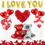 DUGEHO Valentine's Day Balloon Decorations,Heart Balloons with 1000PCS Rose Petals Love Heart Foil Balloon Decoration Love-Bear for Engagement,Anniversary,Wedding Party,Proposal,Confession