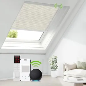 ZSTARR Motorized Skylight Shades Cellular Honeycomb Electric Blinds with Solar Panel Cordless Rechargeable Shades with Remote for Roof Inclined Plane Room Custom Size (LF Printed Cream White)