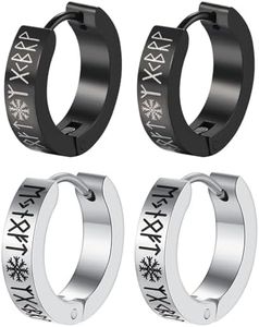 Flongo Nordic Viking Hoop Earrings: Mens Womens Stainless Steel Vintage Rune Huggie Earrings - Men Jewelry Gifts for Husband Boyfriend Brother, Stainless Steel