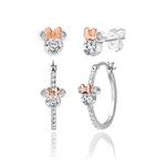 Disney Minnie Mouse Mommy & Me Silver Plated Cubic Zirconia and Crystal Hoops and Stud Earrings Set - Mother Daughter Jewelry - Disney Earrings, Brass, Cubic Zirconia