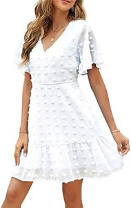 ROYLAMP Women's Cute Swiss Dot Dress V-Neck Ruffle Short Sleeve Summer Casual Flowy Shift Mini Dresses, White, Medium