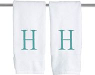 White and Teal Monogrammed Hand Towel - Monogram Initial Hotel Quality Decorative Embroidered Luxury Towel for Powder Room, Spa - GOTS Organic Certified - Set of 2 Letter H
