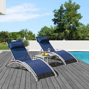 Domi Lounge Chair Set of 3, Aluminum Lounge Chairs for Outside with 5 Adjustable Positions, Chaise Lounge Outdoor for Pool, Garden, Beach, 2 Pool Chairs and 1 Side Table(Blue)