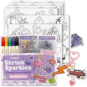 Grabie DIY Shrink Art Craft Kit Jewelry Making Kit for Kids Adults, 25+ Pre-Cut Shapes, 5 Dual-Tip Markers, Custom Charms, Pins, Rings, Keychains (Retro Vibes - Beginner Friendly)