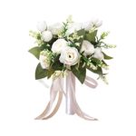 Cosiesnest Wedding Bride Bouquet Artificial Roses Flowers Holding Flowers Bouquet Silk Roses Real Touch Fake Roses Flowers Bouquet Romantic Bouquet for Home Wedding Party Decoration (White)