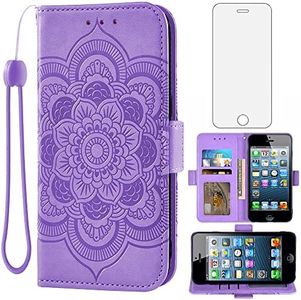 Asuwish Compatible with iPhone 5S 5 SE 2016 5SE Wallet Case and Tempered Glass Screen Protector Flip Card Holder Cell Phone Cover for iPhone5 iPhone5s iPhoneSE iPhone6se i 6SE iPhone5se Women Purple