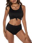 ZAFUL Women's Scoop Neck Tropical Leaf Knotted Two Pieces Tankini Set Swimsuit (Ribbed-Black, 2XL)