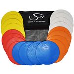 Lusum Set of 20 Full Sized Pro Non Slip Flat Rubber Round Sports Marker Discs. 20 Pack Training Discs in 4 with Bonus Travel Bag Included. Football Training Equipment for Kids