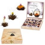 Creano Blooming Tea Gift Set in Stylish Wooden Tea Box - 12pcs Flowering Tea Ball - Black Tea