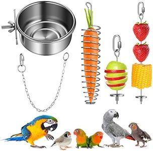 5 Pcs Bird Food Holder Stainless Steel Bird Parrot Skewer Hanging Vegetable Fruit Holder Foraging Feeder Include 2 Small and Large Fruit Fork, 1 Food Basket, 1 Hanging Chain and 1 Feeding Dish Cup