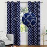 Encasa Homes Room Darkening Blackout Curtains 2 Panels Silver Foil Printed Plain Colours for Kids Bedroom, Living Room with Grommet, 85% Light Blocking, Sound & Heat Reducing, 7 ft -Trellis Navy