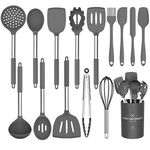 Umite Chef Kitchen Utensils Set, 15 pcs Silicone Cooking Kitchen Utensils Set, Heat Resistant Non-Stick BPA-Free Silicone Stainless Steel Handle Turner Spatula Spoon Tongs Whisk Cookware (Grey)