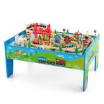 COSTWAY Train Track Set and Table, Wood Kids Play Tables with Abundant Accessories, DIY Railway Activity Playset for Boys Girls