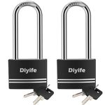 Padlock with Key, [Long Shackle] [2 Pack] Diyife Waterproof Key Padlock, Lock Key Padlocks Outdoor, Aluminum Padlocks keyed Alike for School, Gym Locker, Garage, Shed, Fence, Warehouse