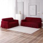 HOKIPO Elastic 3+2 Seater Turkish 280 GSM Bubble Frill Sofa Cover, Cherry Red (AR-4603-B5 + AR-4604-B5)