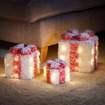 Marco Paul Set of 3 Novelty Sparkle Faux Snow Topped Gift Boxes with White LED lights Battery Powered Classic White and Red Fairy Lights Decorative Box Xmas Festive Ornament Pre Lit Frosted Light Up