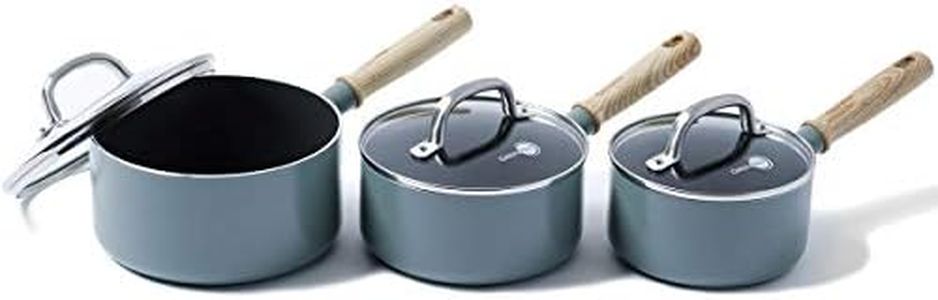 GreenPan Mayflower Healthy Ceramic Non-Stick 6-Piece Saucepan Set with Lids, Vintage Wood Handle, PFAS-Free, Induction, Smoky Blue, Blue